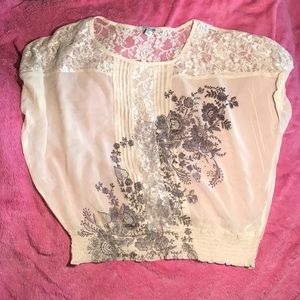 Forever 21 Silk and Lace Pale Yellow Floral Blouse